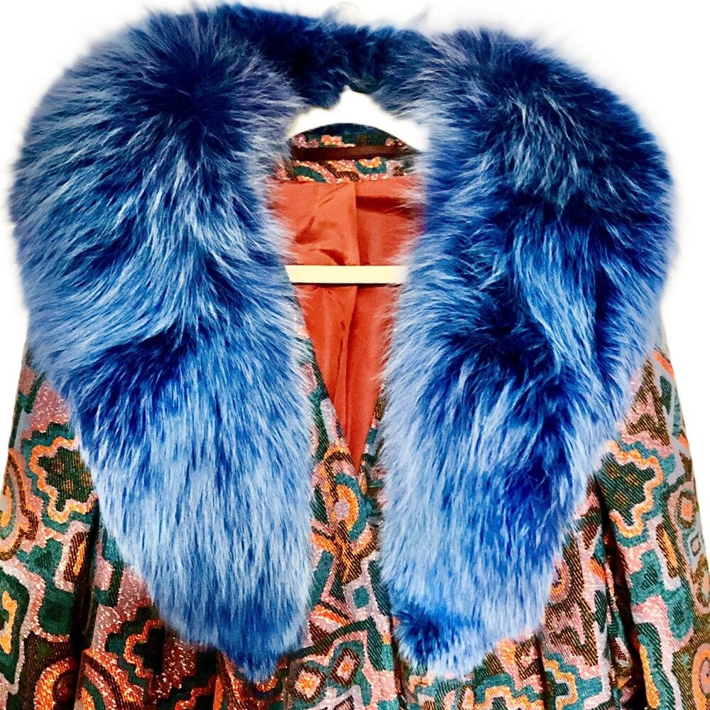 Custom Tailored in Italy Brocade Coat with Genuine Blue Fox Collar Size L - Picture 3 of 9
